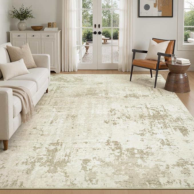 Rugflix 8x10 Area Rugs for Living Room, Washable Large Rug Stain-Resistant Low Pile, Modern Neutral Carpet for Dining Room Home Office Kid Room Nursery Bedroom, Beige