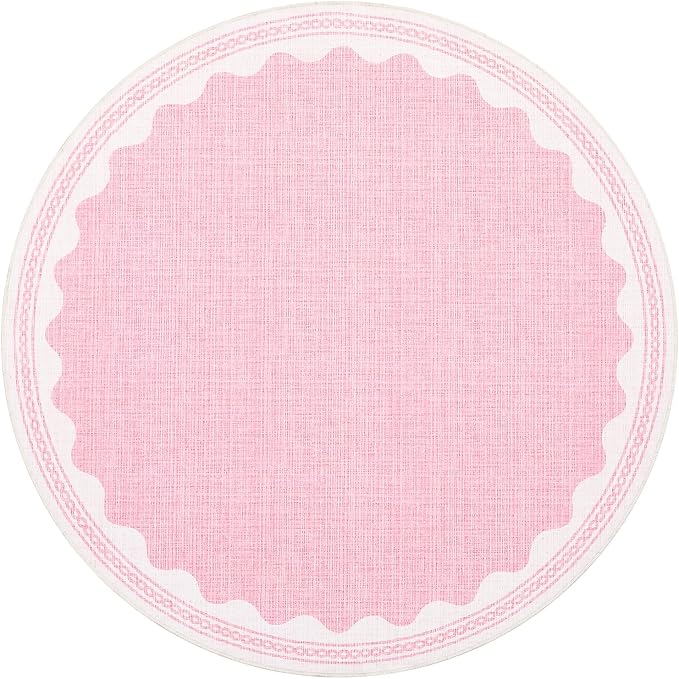 4ft Scalloped Round Rug Pink Washable Living Room Bedroom Area Rug | Small Solid Rug for Bedroom Girls, Non Slip Scalloped Round Bath Mat, Soft Dorm Nursery Carpet for Bedside