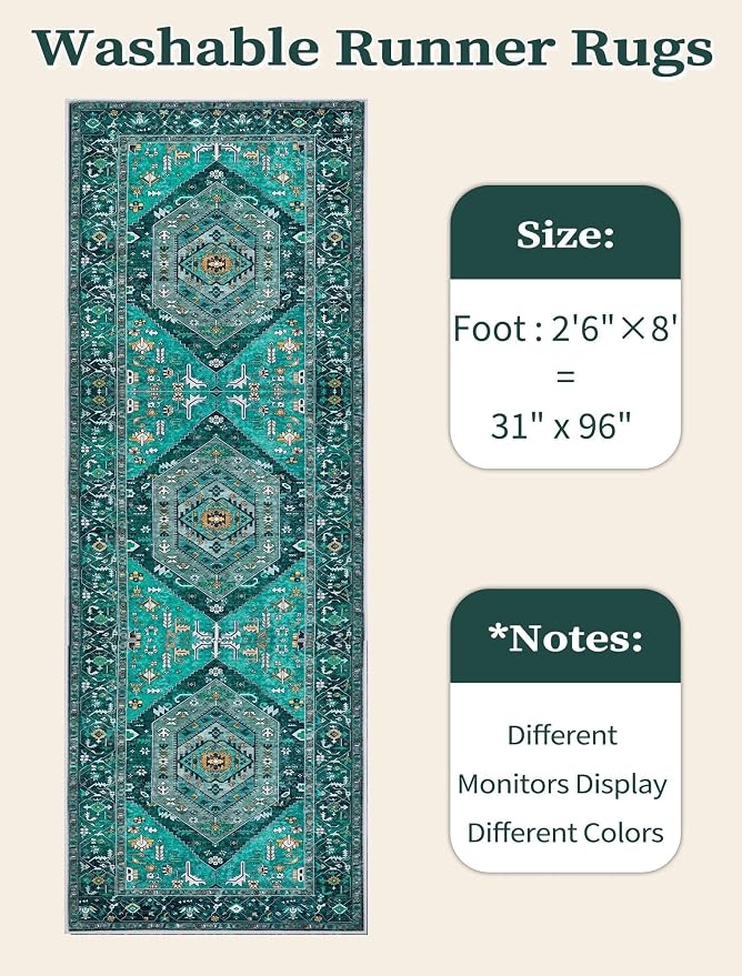 SERISSA Boho Washable Runner Rug, 2'6"x8' Rug Runner Non-Slip Vintage Teal Hallway Kitchen Runner Rug Ultra Soft Print Distressed Tribal Floor Carpet Runner for Bedroom Bathroom Laundry Room