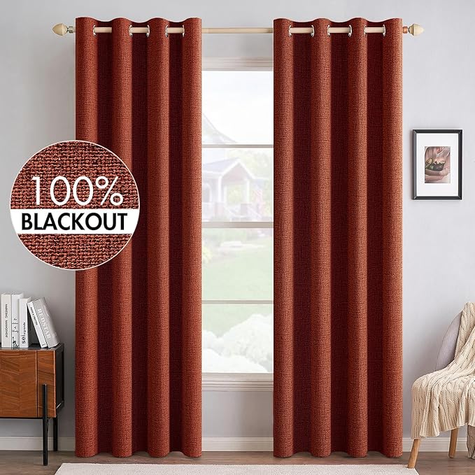 MIULEE 100% Blackout Linen Curtains for Bedroom Thermal Insulated Burnt Orange Grommet Room Darkening Curtains & Drapes Rust Terracotta Fall Decor for Living Room 52 x 96 Inch (2 Panels)