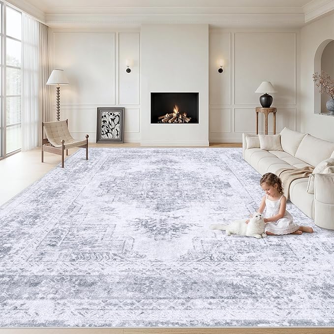XLUEZ Area Rug 8x10 Living Room Rug, Machine Washable Vintage Distressed Medallion Rug Non-Slip Soft Low Pile Large Indoor Rugs for Bedroom Kitchen Dining Room Office(LightGrey,8'x10')