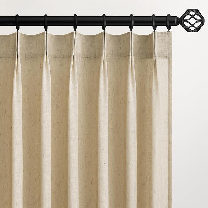 Topfinel Natural Linen Pinch Pleated Curtains 63 Inch Length 2 Panels for Bedroom,Textured Linen Farmhouse Boho Semi Sheer Window Curtain Back Tab Pinch Pleat Drapes with Hooks 63 Inches Long