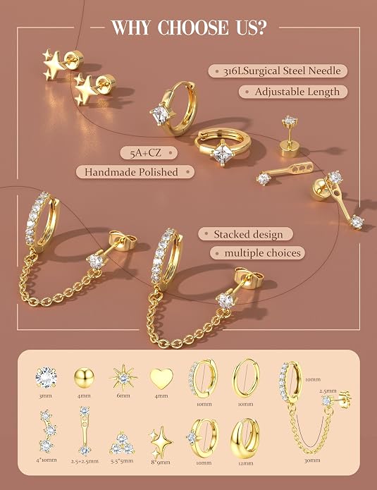 Florideco Flat Back Earrings Hypoallergenic Surgical Steel Earrings for Women Trendy Cartilage Chain Earring 14K Gold Plated Star Heart CZ Flatback Stud Earring Sets for Multiple Piercing