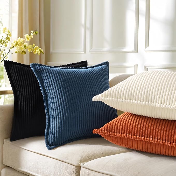 decorUhome Fall Corduroy Navy Blue Throw Pillow Covers 12x20 Set of 2 | Lumbar Couch Decorative Soft Modern Boho Farmhouse Pillow Covers Broadside Striped Pillow Cases for Living Room Bed Sofa