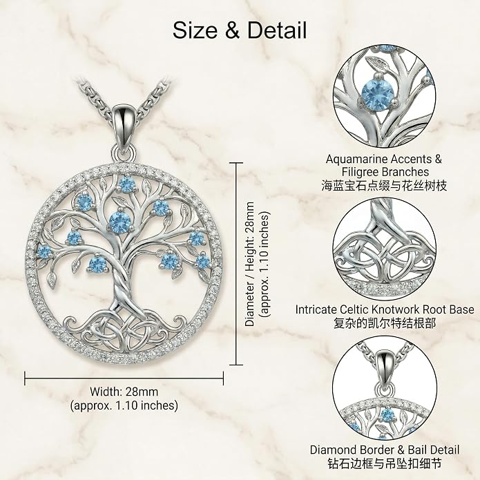 ONEFINITY Tree of Life Necklace 18k White Gold Plated Tree of Life Birthstone Pendant Necklace Birthstone Jewelry Anniversary Birthday Gifts for Women Men