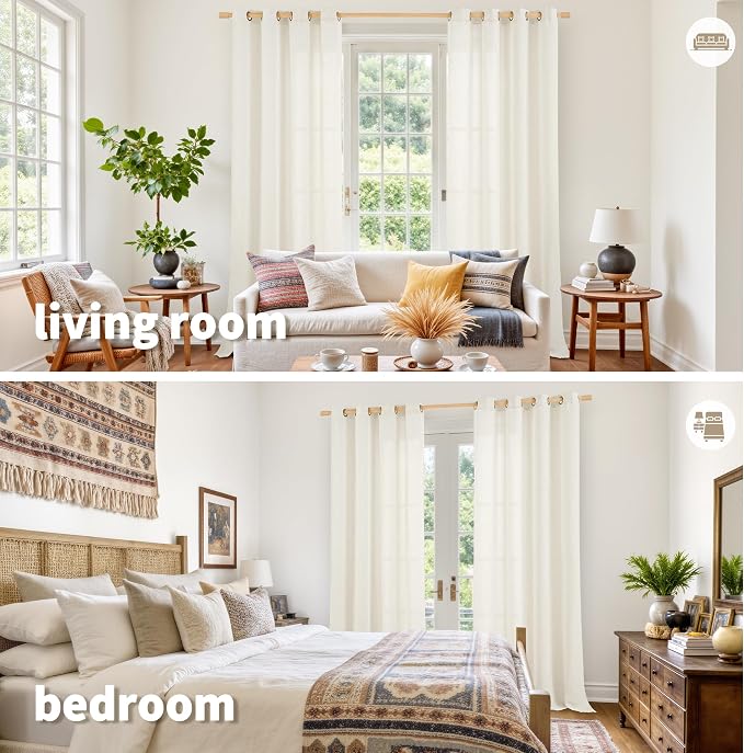 YoungsTex Ivory Linen Curtains 90 Inch Length for Living Room, Light Filtering Drapes with Bronze Grommet Rustic Semi Sheer Privacy for Bedroom Farmhouse Decorative, 52 x 90 Inch, 2 Panels