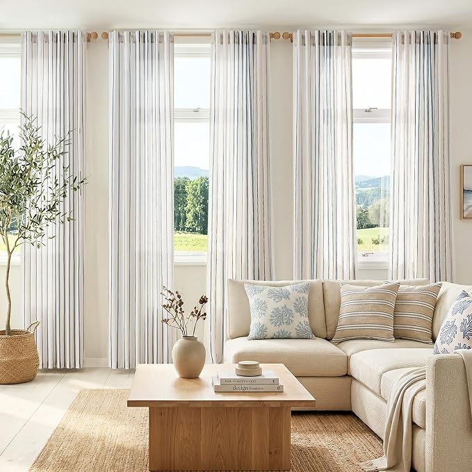 Vangao Striped Curtains Blue on White Semi Sheer Curtains 84 Inches Long for Living Room Bedroom Modern Farmhouse Linen Textured Light Filtering Drapes 2 Panels Blue W50 x L84 Inch