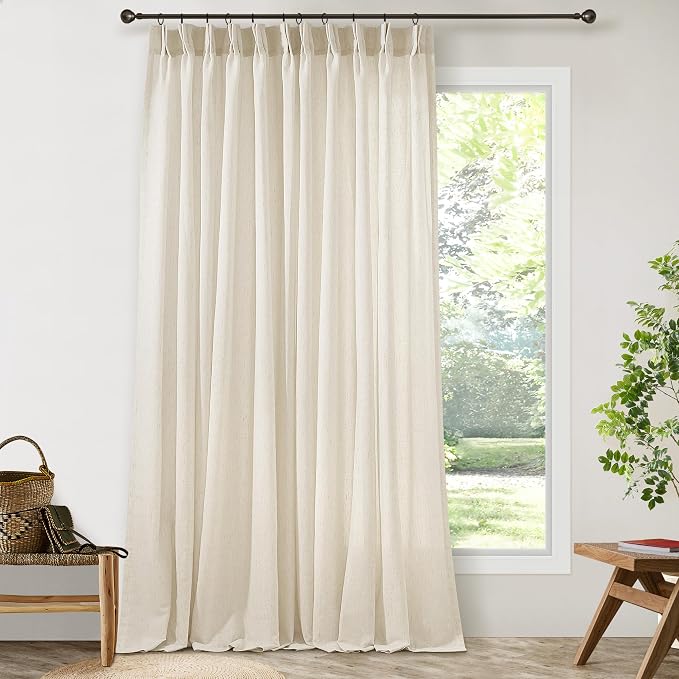 72 x 96 Inch Pinch Pleated Linen Curtains with Hooks Rings Back Tab | for Living Room Drapes Cream Beige Semi Sheer Curtains 96 Inch Length for Sliding Door Dining Bedroom Window 8Ft 72x96