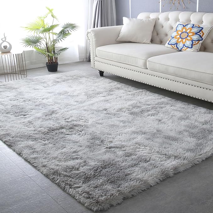 Grey Shag Area Rug 9x12 Living Room - Large Soft Carpet Tie-Dyed Light Gray | Modern Grey Style: Cool Neutral Grey Complements Any Sofa, Furniture, Or Decor - A Timeless Choice For Any Living Space