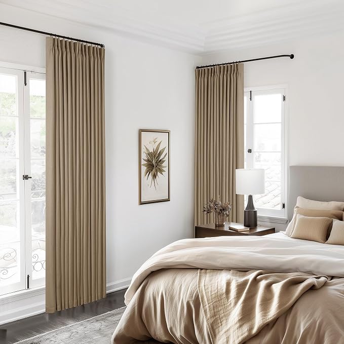 TWODRAPES Light Brown Blackout Linen Curtains 108 Inches Long Pinch Pleated | Black Out Curtains Lined 2 Layers, Memory Shape Noise Reducing, Rustic Farmhouse, for Living Dining Room Bedroom Window