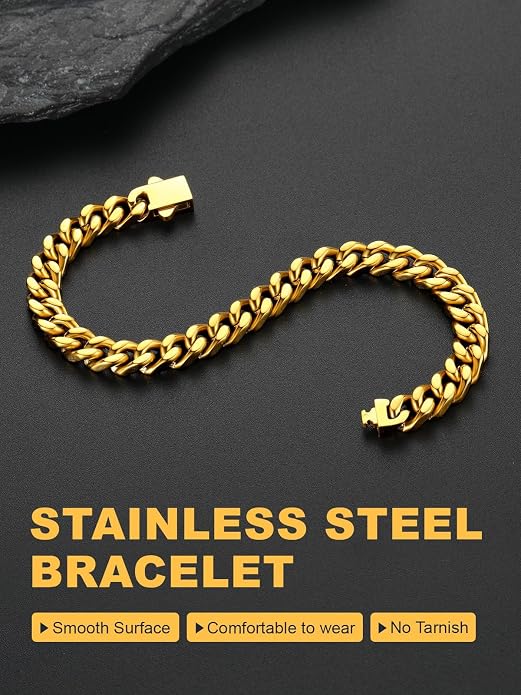 U7 Cuban Link Bracelets for Men Stainless Steel Wrist Bracelet Silver Black Gold Cuban Hand Chain Bracelet for Mens Women, 5/7/9/12mm Width, 7.5/8.3/9 Inch Length Classic Jewelry with Box Packed