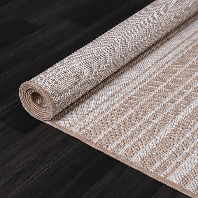 Luul Home Stripe Outdoor Rug 9x12 Washable Outside Carpet for Indoor Patio Porch Waterproof Easy Cleaning Non Shedding Area Rugs Beige 9 x 12
