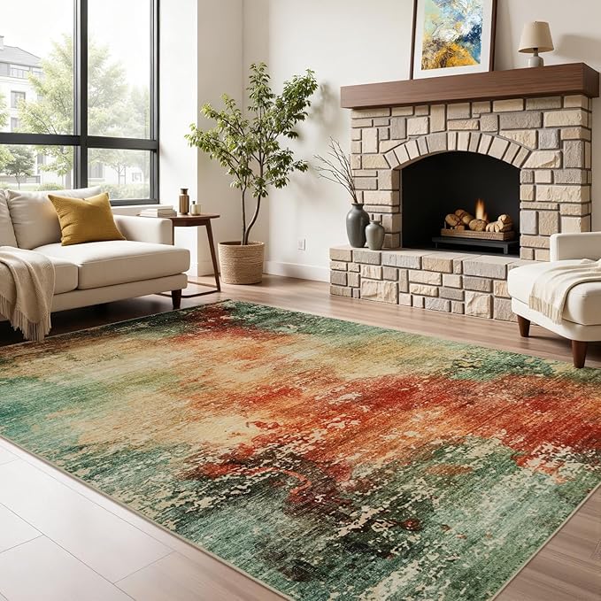 Joydeco 5x7 Area Rugs for Living Room, Non-Slip Modern Abstract Soft Washable Rug, Low Pile Carpet for Bedroom, Dining Room, Home Office, Pet & Child Friendly, Green & Orange & White
