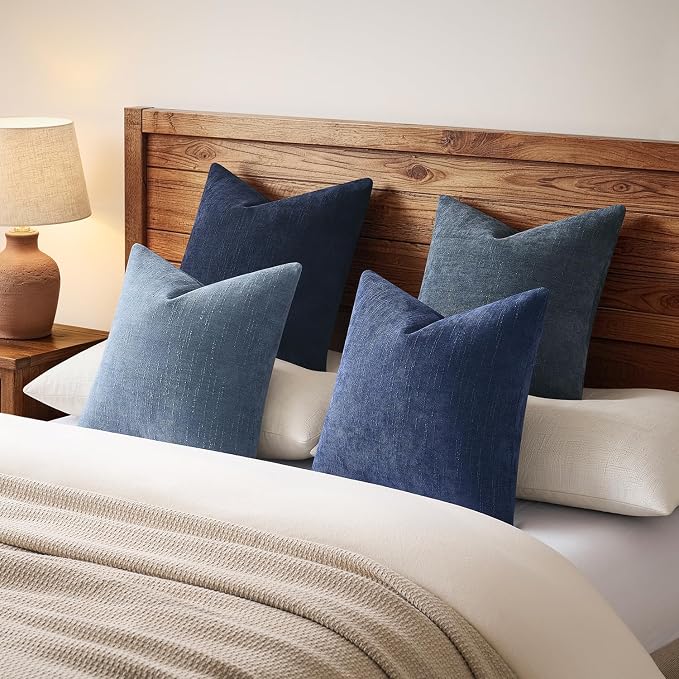 Pack of 4 Throw Pillow Covers 18x18 Inch Chenille Textured Neutral Blue Soft Pillow Covers Solid Decorative Farmhouse Cushion Covers Home Boho Decor for Couch Sofa Bed Living Room
