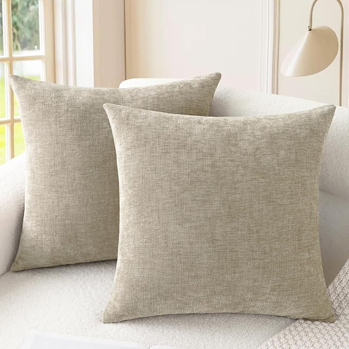 CaliTime Throw Pillow Covers Decorative 16 X 16 Inches Pack of 2 Cozy Polyester Chenille Cushion Cases for Couch Sofa Bed Living Room Home Light Taupe