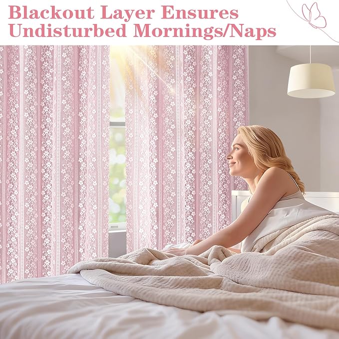 ASPMIZ Pink Blackout Curtains for Bedroom 63 inch Long, Double Layer Curtains with Lace Overlay, Light Blocking Grommet Drapes for Girls Living Room Thermal Insulated Window Curtain Set of 2, 52x63