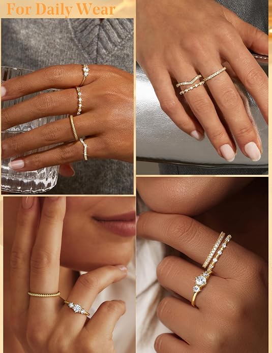 Florideco Stackable Rings for Women 14K Gold Plated Minimalist Non Tarnish Cubic Zirconia Thumb Ring Set Dainty Knuckle Ring Trendy Statement Stacking Rings Set Size 5-10