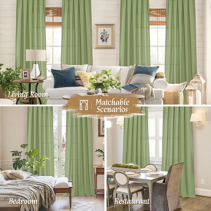 LAMIT Sage Green Linen Curtains 72 inches Long for Living Room, Soft Thick Semi Sheer Light Filtering Rod Pocket Privacy Window Treatments Drapes for Bedroom, 2 Panels Set, 52 x 72 Inch