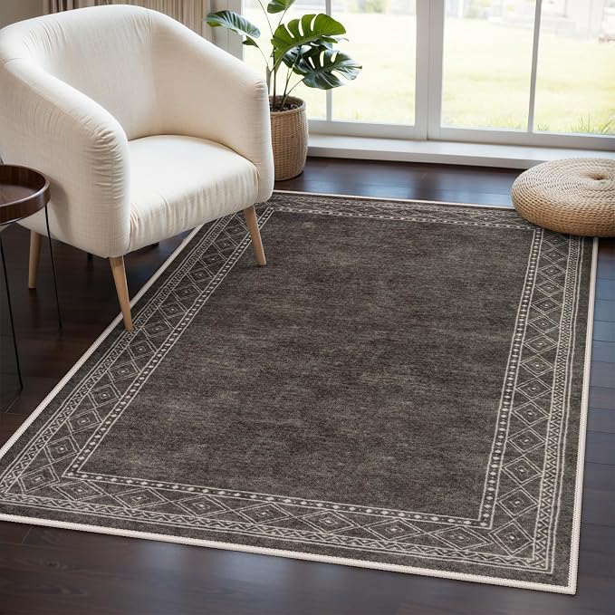 Lahome Modern Bordered Machine Washable Rug, Ultra-Thin Soft 3x5 Rugs for Entryway Bedroom, Non-Slip Stain Resistant Small Carpet for Laundry Entry（3'x 5',Brown