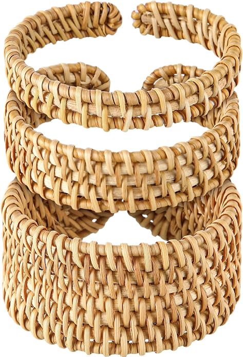 Landical 3 Pcs Handwoven Wooden Braided Rattan Knit Cuff Bracelet Adjustable Bohemian Chunky Wrap Bangle for Women Summer Ethnic Tribal Wrist Jewelry