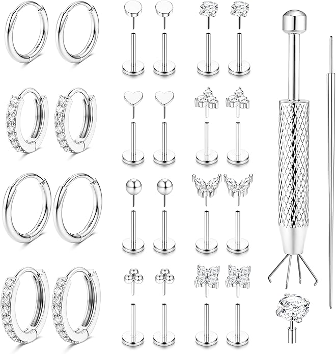 ORAZIO 16G/18G/20G Flat Back Earrings for Women Threadless 316L Surgical Steel Stud Hoop Earrings Push in Nose Studs Hypoallergenic Cartilage Earring Stacks Labret Helix Tragus Conch Piercing Jewelry