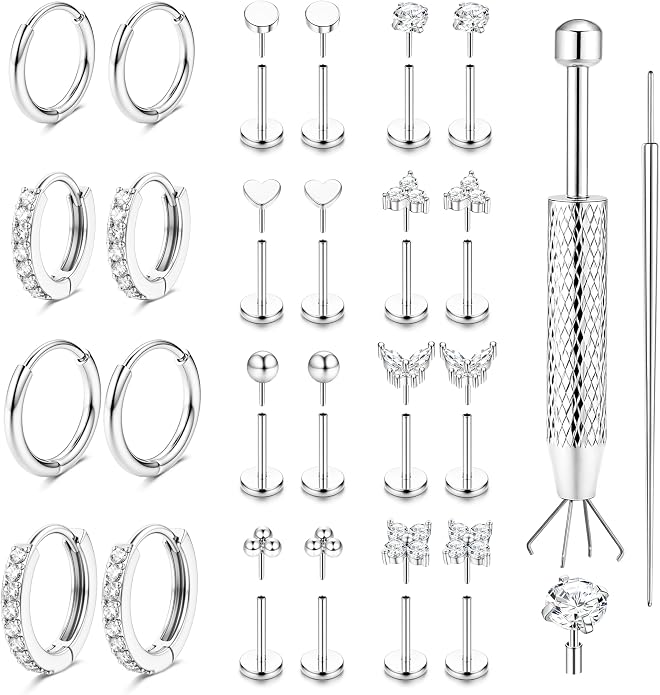 ORAZIO 16G/18G/20G Flat Back Earrings for Women Threadless 316L Surgical Steel Stud Hoop Earrings Push in Nose Studs Hypoallergenic Cartilage Earring Stacks Labret Helix Tragus Conch Piercing Jewelry