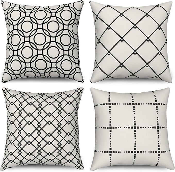 4 Pcs/Set Geometric Throw Pillow Covers Modern Geometric Lines Round Square Pattern Black White Minimalist Linen Cushion Case for Home Outdoor Couch Sofa Farmhouse Decor, 26"x26"