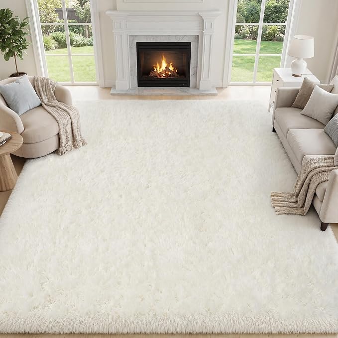 Area Rug for Living Room Bedroom: 9x12 White Soft Fluffy Shag Upgrade Non-Slip High Pile Carpet Large Fuzzy Plush Indoor Floor Decor Shaggy Rug for Kid Boys Girls Dorms Playroom Nursery Modern Home