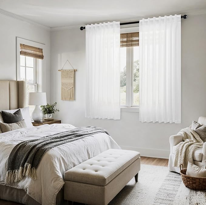 MIULEE White Linen Curtains 64 Inch Length 2 Panels for Kitchen Bedroom, Soft Thick Linen Textured Window Drapes Semi Sheer Light Filtering Back Tab Rod Pocket Burlap Look Decor