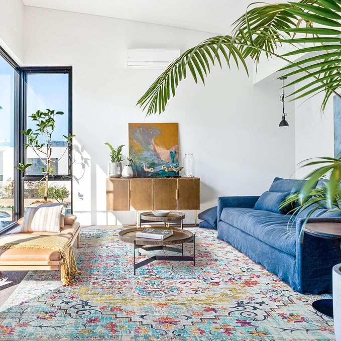 Mandala - Indoor Area Rugs 6x9 Washable, Stain Resistant Machine Washable Rugs for Living Room, Bedroom, and Modern House Décor - Durable Polyester Material, Colorful Patterned - Blue & Multi Color