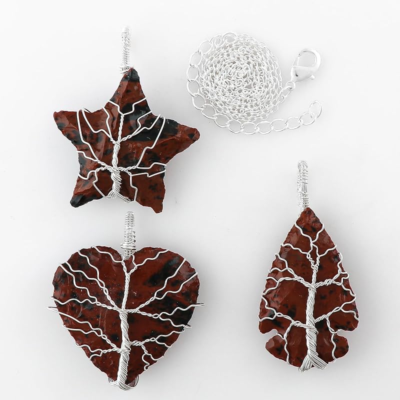 Tree of Life Craft - Raw Mahogany Obsidian Rough Crystals Pendant Necklace, Heart & Star & Arrow Shapes, Wire Wrapping, Women Jewelry with Dainty Silver Plated Chain 18 inch (3pcs)