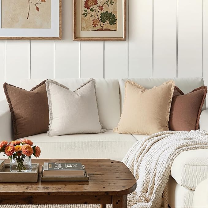 MIULEE Fall Linen Fringe Pillow Covers Set of 4 20x20 Beige/Brown | Boho Farmhouse Decorative Throw Pillow Covers, Neutral Soft Rustic Cushion Cases, for Couch Sofa Bed Living Room Home Decor