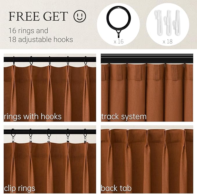Pleated Linen Curtains 96 Inches Long for Living Room 2 Panel Set Cream Burnt Orange Semi Sheer Light Filtering Pinch Pleat with Hooks Back Tab Drapes Boho 96 Inch Curtain for Bedroom Window,8FT