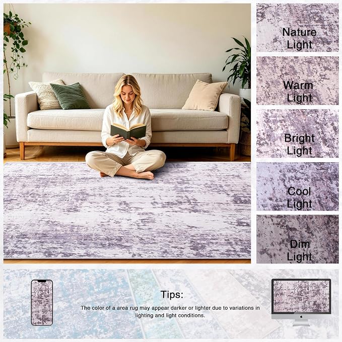 8x10 Area Rugs Living Room Rug Abstract Washable Rug Non-Slip Soft Low Pile Indoor Floor Stain Resistant Thin Carpet for Bedroom Dining Room Home Office Farmhouse Nursery - Dusty Blue & Cream 8' x 10'