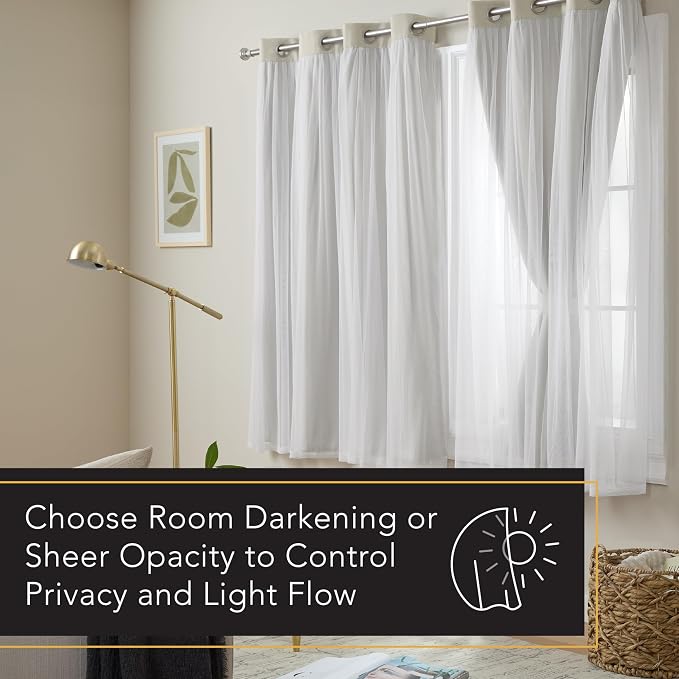 TOWN & COUNTRY LUXE Talia Double Layer Indoor Curtains, Sheer and Room Darkening Blackout, Grommet Top, Energy Efficient, 2-Pack Set, 52"x63", Cloud Grey