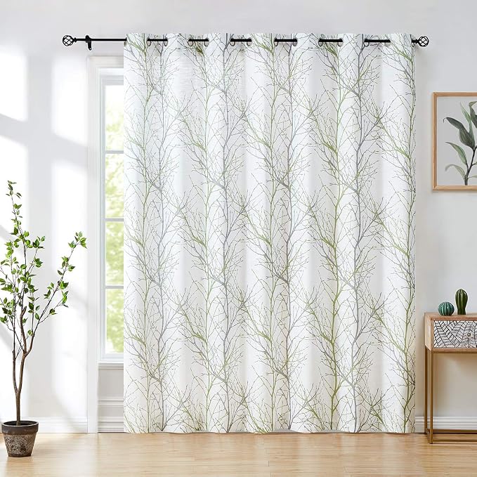 FMFUNCTEX Linen Green Gray Semi Sheer Patio Curtains 96 Inch Long 1 Panel | Extra Wide Sheer Patterned Patio Door Drapes, Tree Branch Print, Grommet Top for Sliding Doors and Airy Farmhouse Privacy