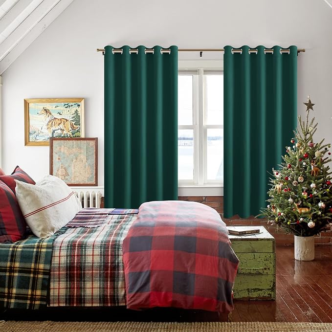 Hiasan Blackout Curtains for Bedroom, 60 x 63 Inches Length - Thermal Insulated & Energy Saving Window Curtains for Living Room, 2 Drape Panels Sewn with Tiebacks, Hunter Green