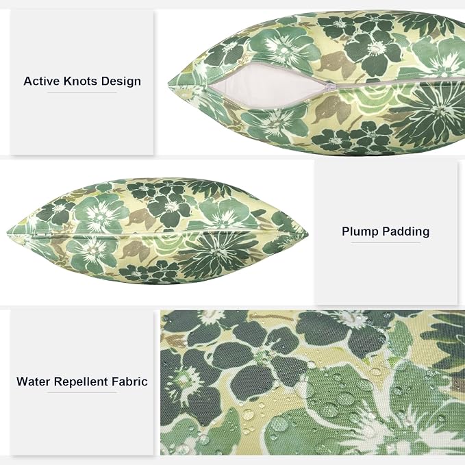 Outdoor Throw Pillows 16x16 Inch, Water Repellent Patio Pillows with Inners Set of 2 for Patio Furniture Home Graden, Green Rose