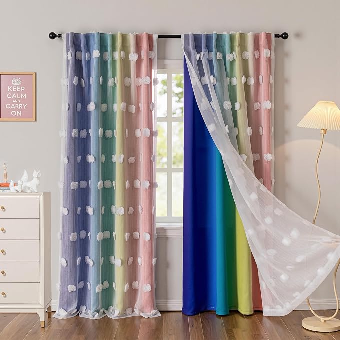 MYSKY HOME Pom Pom Sheer and Blackout Curtains Double Layer 72 Inches Long Kids Curtain for Girls Bedroom Son Room Ombre Room Darkening Window Drapes Back Tab Rainbow 52 x 72 in 2 Panels
