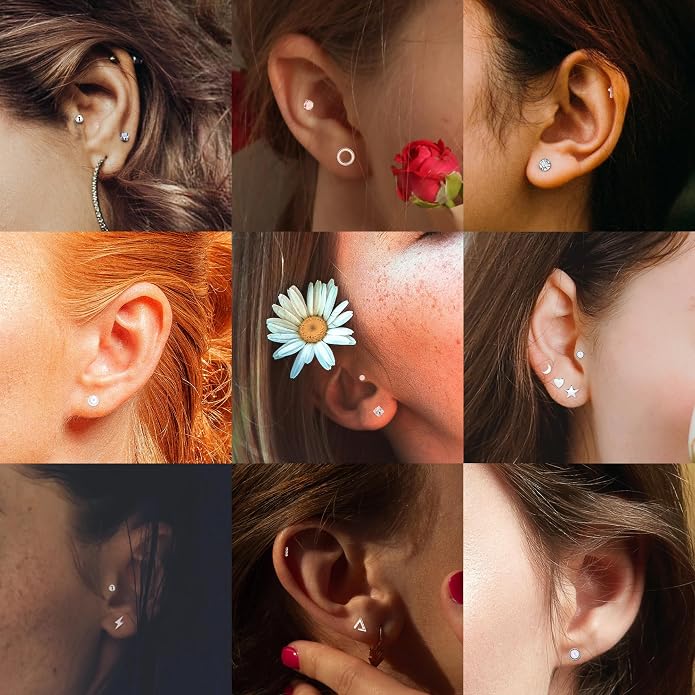 NICEIGHT 18Pairs 20G 316L Stainless Steel Threadless Push in Stud Earrings for Women Men Flat Back Cartilage Stud Earring Helix Tragus Stud CZ Heart Moon Star Ear Stud Piercing Jewelry