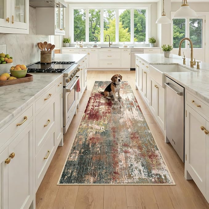 RELEANY Washable Area Rugs 2'6"x8 Non-Slip Modern Abstract Soft for Living Room Entryway Bedroom Kitchen, Print Pattern, Brown Rust Red Green Blue Multi