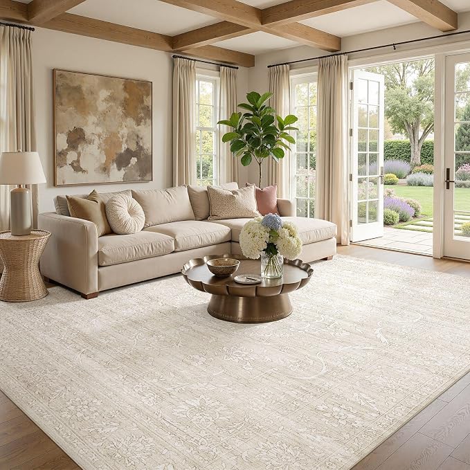 Nakagishi 8x10 Area Rugs Living Room: Washable Large Vintage Rug Neutral Non-Slip Soft Stain Resistant Indoor Carpet for Bedroom Nursery Dining Room Office Playroom - Beige White