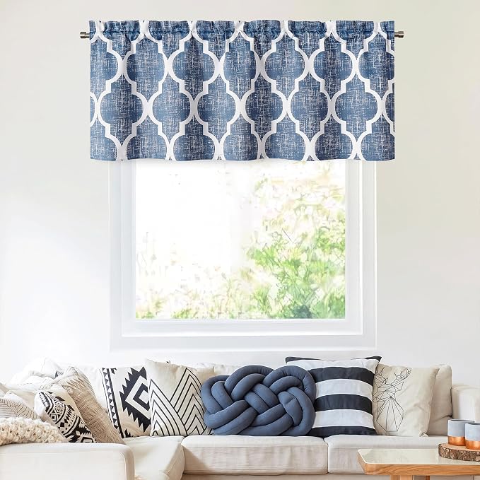 Beauoop Moroccan Valance Curtains for Kitchen Cafe Blue 52x18 1 Panel | Geometric Blackout Short Curtains for Living Room Bedroom 18 Inch Length Thermal Quatrefoil Small Window Curtains Rod Pocket