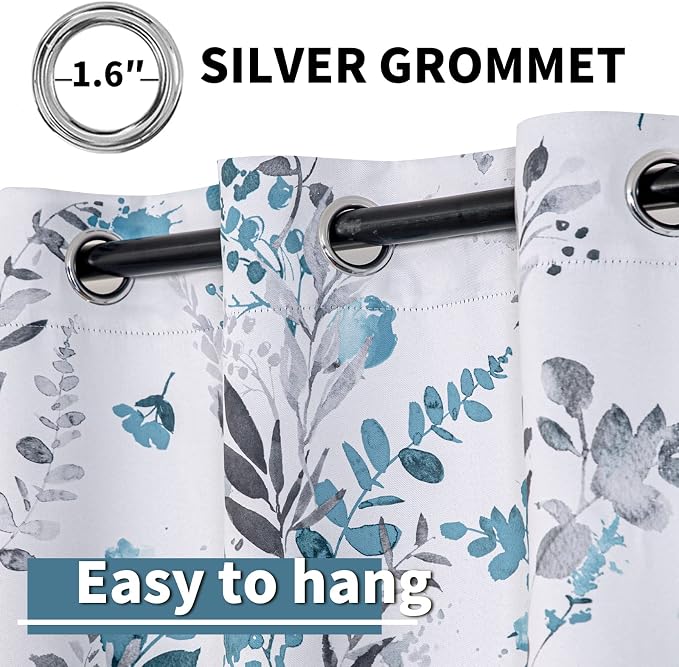 MYSKY HOME Floral Blackout Curtains for Kitchen Room Darkening Thermal Insulated Panels 45 Inch Long Light Blocking Grommet Rustic Curtains for Dormer Window, 2 Panels, Turquoise