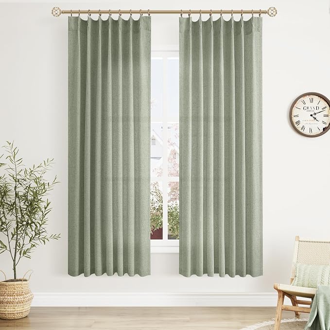 Sage Green Pinch Pleated Linen Curtains 72 Inch Length 2 Panels for Living Room Bedroom Light Filtering Green Semi Sheer Window Curtain Boho Back Tab Pinch Pleat Drape with Hooks 72 Inches Long