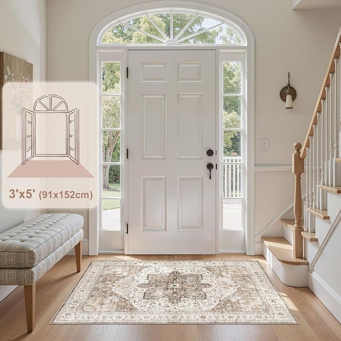 Tortania Area Rug Living Room Rugs - 3x5 Washable Rug Vintage Oriental Distressed Farmhouse Small Thin Indoor Carpet for Living Room Bedroom Under Dining Table Home Office - Brown