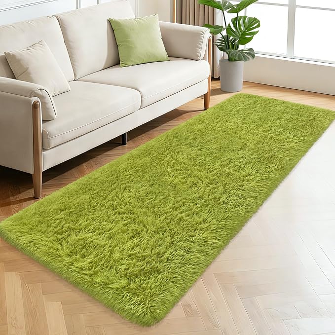 Soft Grass Green Fluffy Rug for Bedroom Living Room, 2x6 ft Fuzzy Green Shag Rug Runner Carpet for Hallways Entryway Nursery Bedside Kids Room Teen Dorm Home Decor Indoor