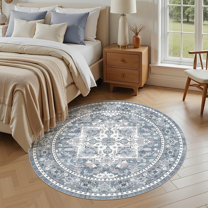 5ft Round Area Rug: Washable Vintage Neutral Soft Non Slip Thin Large Floor Carpet for Living Room Bedroom Kitchen Dining Room Home Office Farmhouse Indoor - Blue