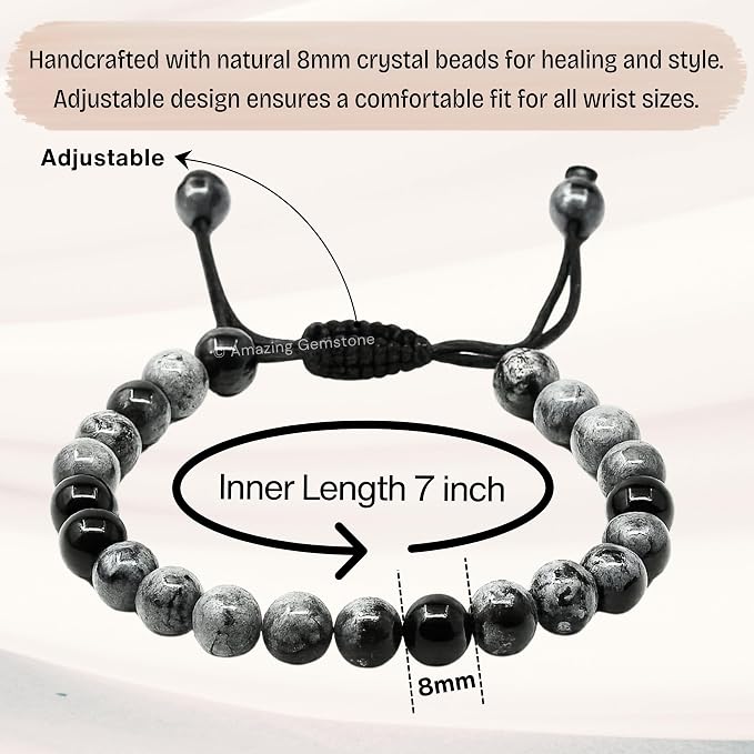 Amazing Gemstone Snowflake Obsidian Bracelet for Women Men's Gifts - Protection Healing Crystal Bracelet - 8mm Gemstone Beaded Adjustable Bracelet