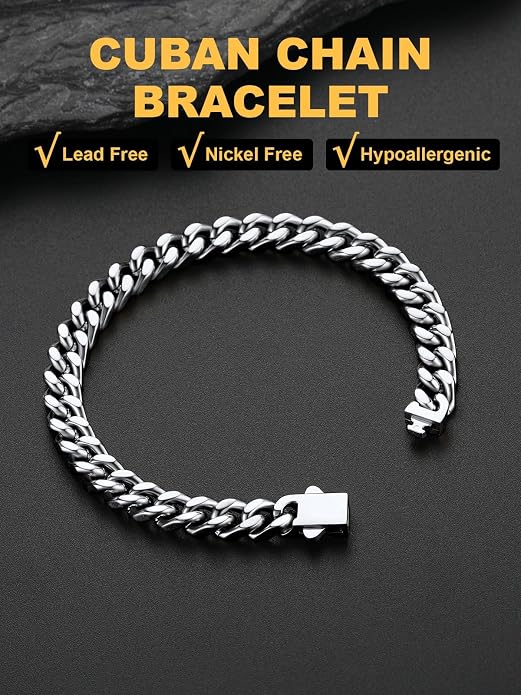 U7 Cuban Link Bracelets for Men Stainless Steel Wrist Bracelet Silver Black Gold Cuban Hand Chain Bracelet for Mens Women, 5/7/9/12mm Width, 7.5/8.3/9 Inch Length Classic Jewelry with Box Packed